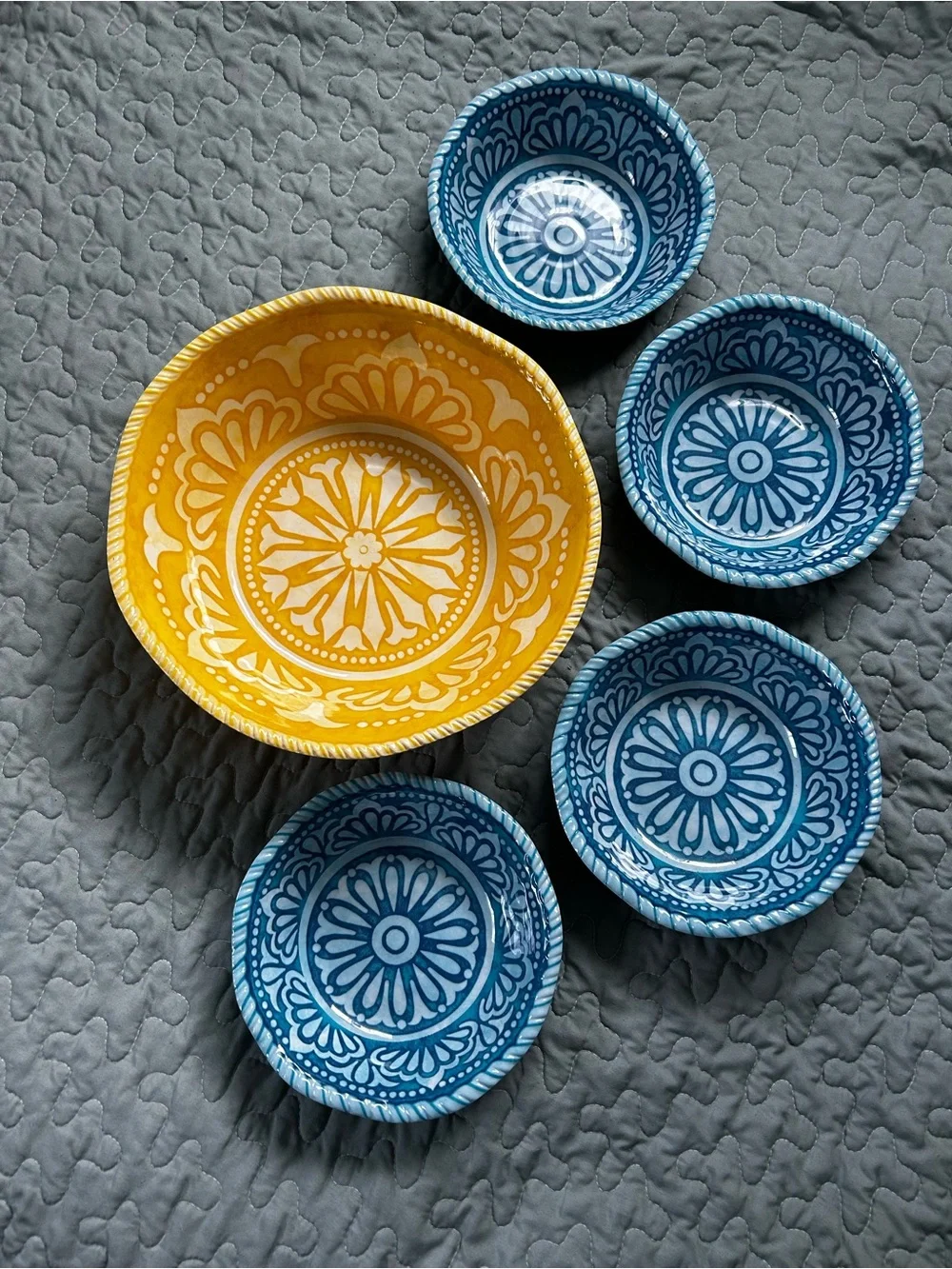 Yellow and Blue Melamine Serving Bowls.